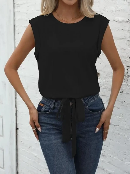 Kadın Sıfır Kol Etek Ucu Bağlama Detay Ithal Krep Bluz ürün görseli