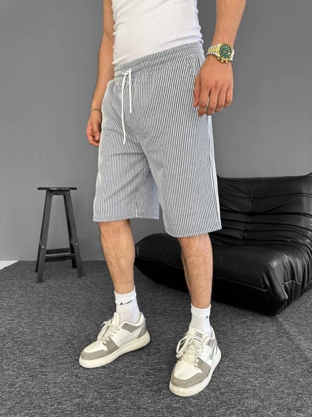 Su Yolu Çizgili Cepli Şort- Gri - Resim 3