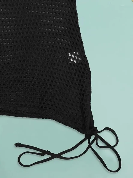 Kadın Askılı Eteği Büzgü Bağlama Detay Delikli örme Triko Pareo Elbise - Resim 5