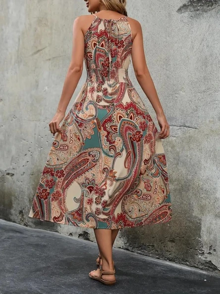 Kadın Kolsuz Boyundan Bağlamalı Beli Lastikli Etnik Desen Baskı Süprem Uzun Elbise - Resim 3