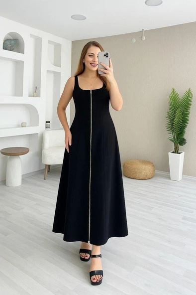 Kadın Askılı Kare Yaka önden Fermuarlı Geniş Kesim Janjan Krep Elbise - Resim 3