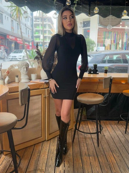 Kadın Balıkçı Yaka Transparan Detay Fırsat ürün Sandy Kumaş Mini Elbise - Resim 2