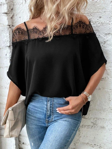 Kadın Askılı Dantel Janjan Krep Bluz - Resim 4