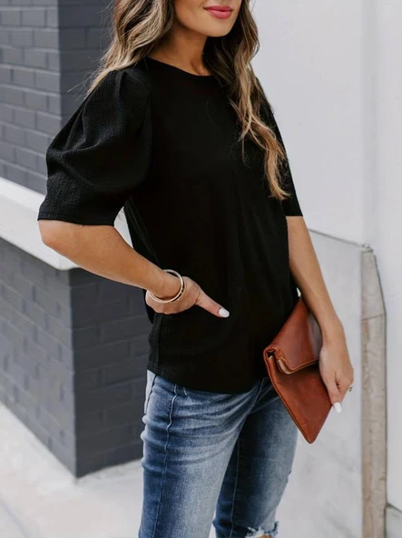 Kadın Kısa Kollu Pileli Balın Kol Bürümcük Bluz - Resim 2