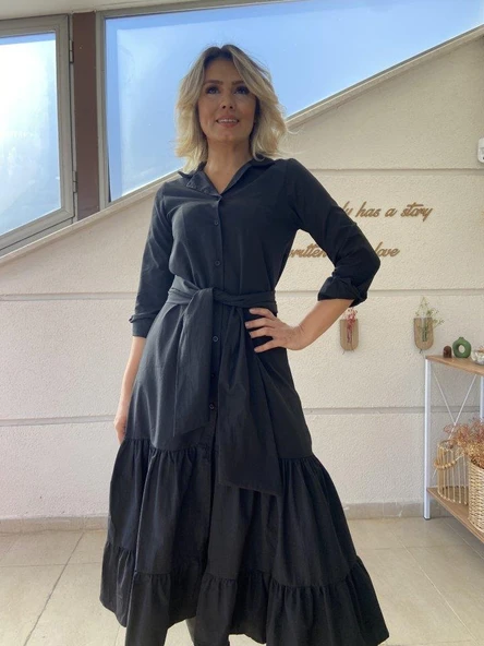 Kadın Uzun Kollu Eteği Fırfırlı Beli Kuşaklı Trikoton Tam Boy Gömlek Elbise - Resim 6