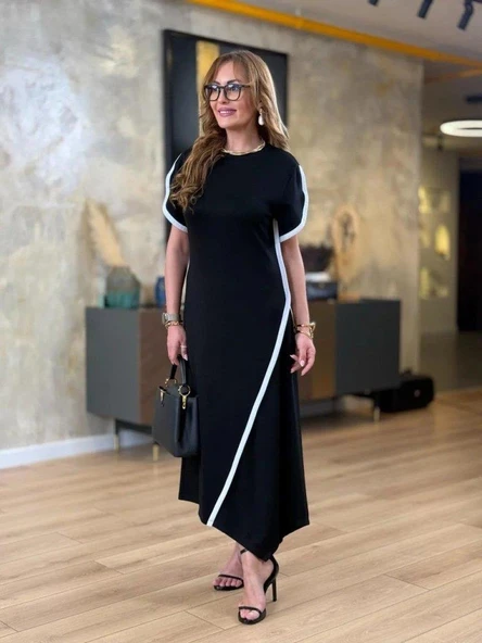 Kadın Kısa Kollu Bisiklet Yaka çift şerit Renk Detaylı Asimetrik Kesim Viskon Iki Iplik Elbise - Resim 2