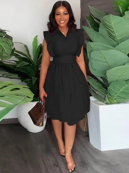 Kadın Yakalı Belden Oturmalı önden Büzgülü Dokuma Mini Elbise ürün görseli