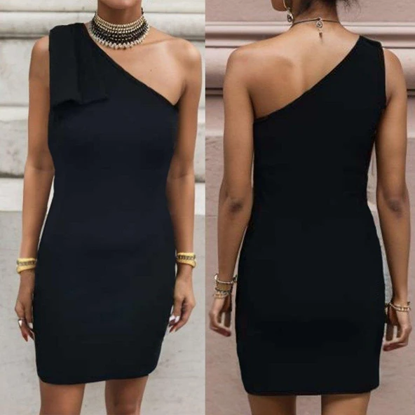 Kadın Tek Omuzu Açık Kelebek Detaylı Janjan Krep Elbise - Resim 7