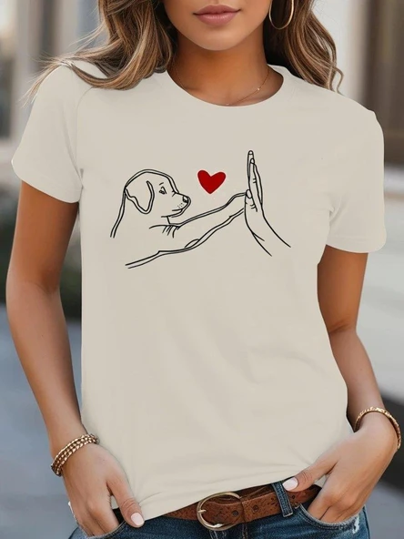 Kadın Kısa Kollu Bisiklet Yaka Köpek Baskılı Viskon Bluz ürün görseli