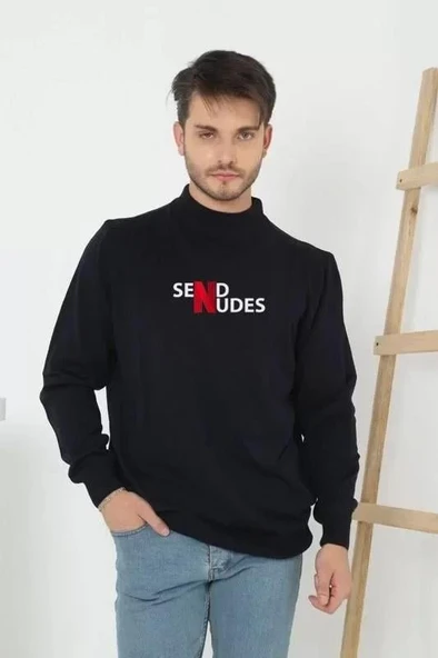 Unisex Yarım Boğazlı Baskılı Dokuma Triko - Siyah ürün görseli