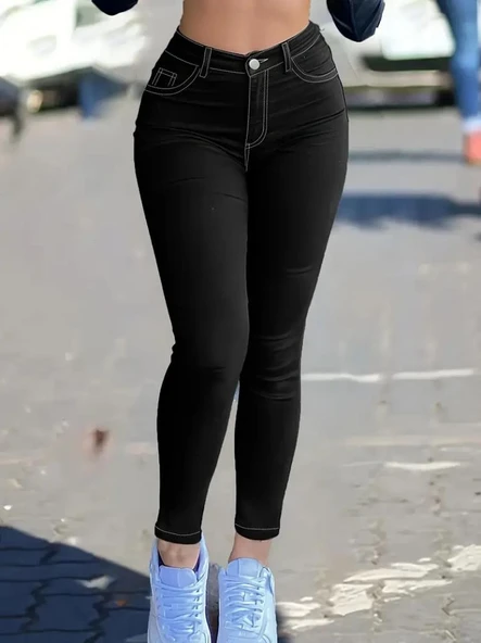 Kadın Yüksek Bel önden Düğmeli Dar Kesim Kot Pantolon - Resim 2