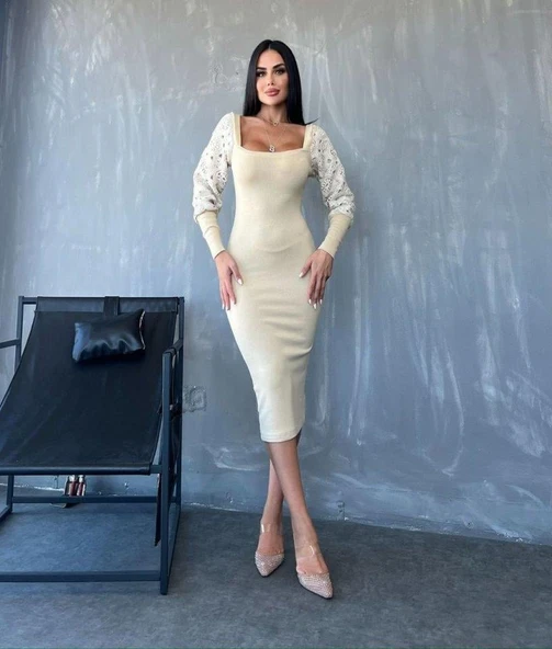 Kadın Kare Yaka Kolları Manşet Ve Tül Detay Fırsat ürün Midi Boy Elbise ürün görseli