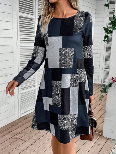 Kadın Uzun Kollu Yuvarlak Yaka Geometrik Süprem Elbise - Resim 3