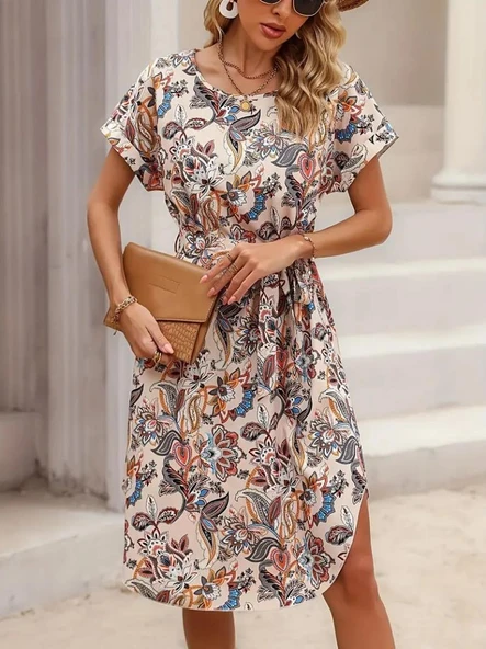 Kadın Kısa Kollu Bisiklet Yaka çiçek Desenli Kuşaklı Süprem Midi Elbise - Resim 4