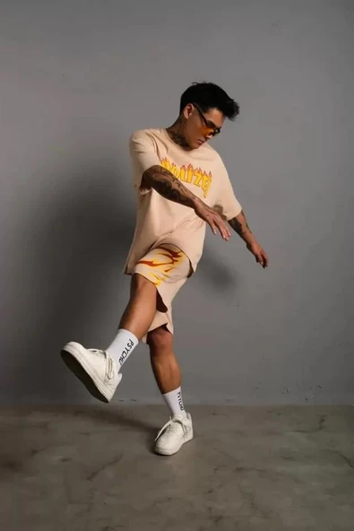 Erkek Alev Baskılı İkili Şortlu Takım - Bej - Resim 3