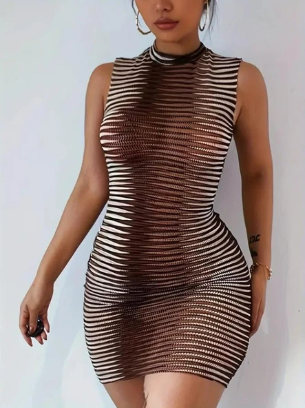 Kadın Sıfır Kol Desenli Mini Bodycon Dalgıç Elbise - Resim 4