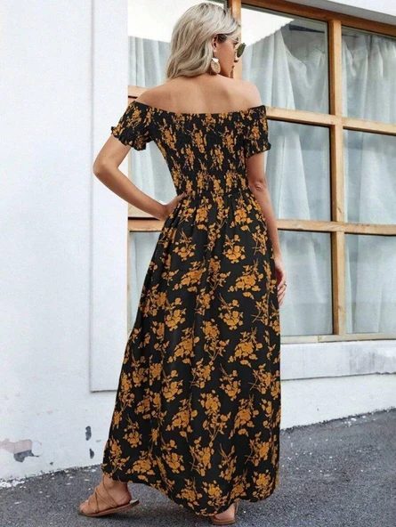 Kadın Kısa Kollu Madonna Yaka Yırtmaçlı çiçek Desenli Süprem Elbise - Resim 4