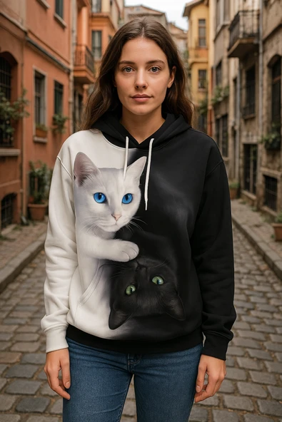 Kadın Uzun Kollu Kapşonlu Bağcıklı Kedi Desenli şardonlu Dalgıç Bluz ürün görseli