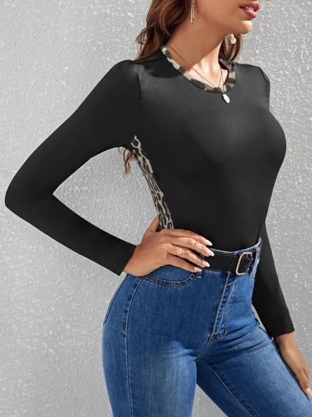 Kadın Uzun Kollu Leopar şeritli Viskon Bluz - Resim 3