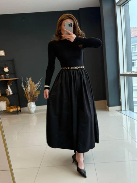 Kadın Uzun Kollu Bisiklet Yaka Uzun üst Viskon Alt Trikoton Elbise - Resim 11