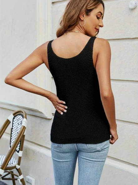 Kadın Kolsuz U Yaka Askılı Triko Bluz - Resim 5