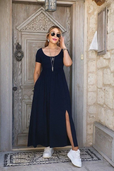 Kadın Kısa Kollu Yuvarlak Yaka önden Yırtmaçlı Cepli Viskon Uzun Elbise ürün görseli