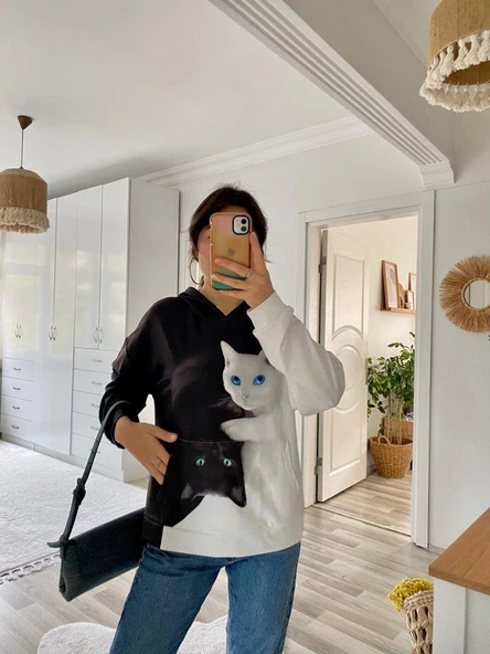 Kadın Uzun Kollu Kapşonlu Bağcıklı Kedi Desenli şardonlu Dalgıç Bluz - Resim 9