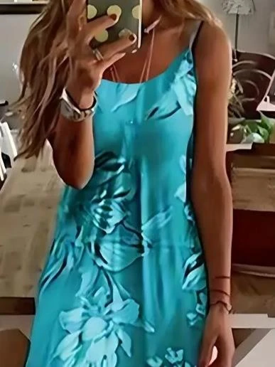 Kadın Askılı Yuvarlak Yaka Etek Geniş Kesim Desenli Süprem Elbise - Resim 2