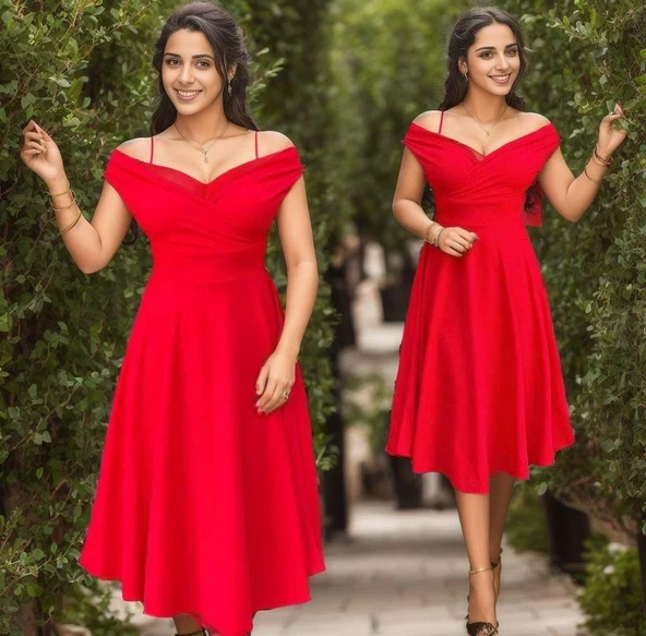 Kadın Kısa Kollu Kruvaze Yaka Eteği Volanlı Krep Elbise - Resim 9