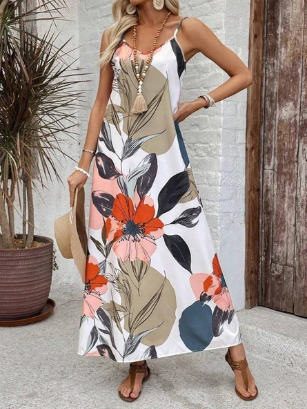 Kadın Ip Askılı Geniş V Yakalı Desenli Süprem Elbise - Resim 4