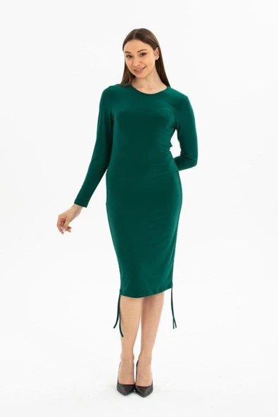 Kadın Uzun Kol Büzgü Detaylı Sandy Kumaş Ayarlanabilir Boy Fırsat Ürün Elbise - Resim 3