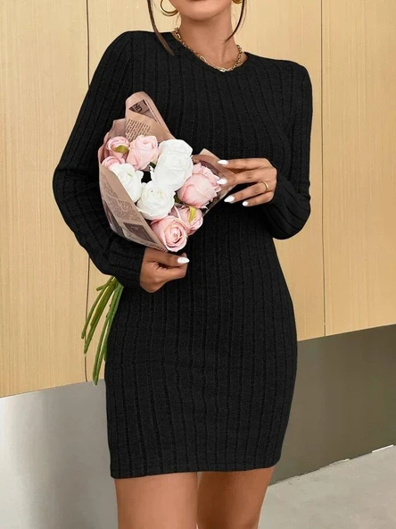 Kadın Uzun Kollu Bisiklet Yaka şardonlu Kalın Fitilli Kaşkorse Mini Boy Elbise - Resim 6