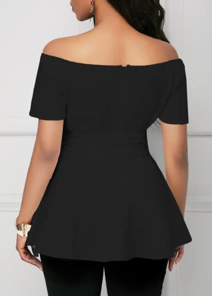 Kadın Kısa Kollu Madonna Yaka Yandan Bağlamalı Ithal Krep Bluz - Resim 3