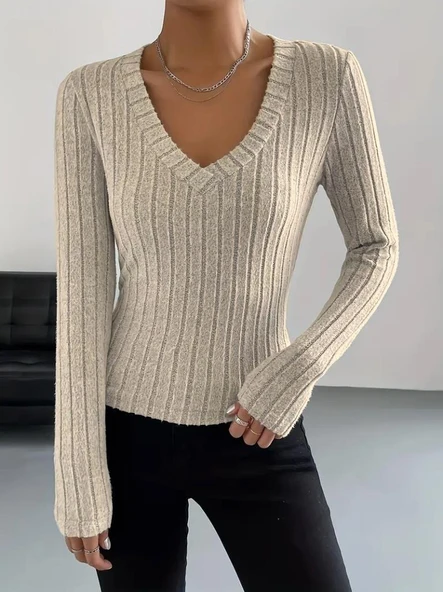 Kadın Uzun Kollu V Yaka şardonlu Kaşkorse Bluz - Resim 3