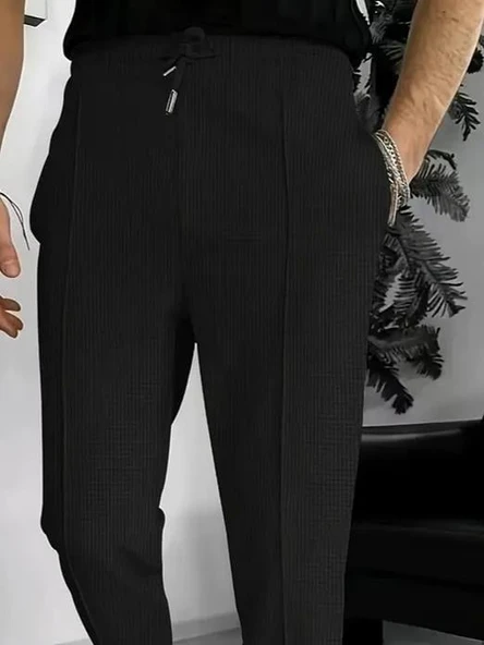 Erkek Yüksek Bel önden Bağcıklı Cepli Waffle Pantolon - Resim 2