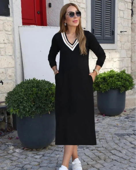 Kadın Uzun Kollu V şerit Yakalı Viskon Iki Iplik Elbise ürün görseli