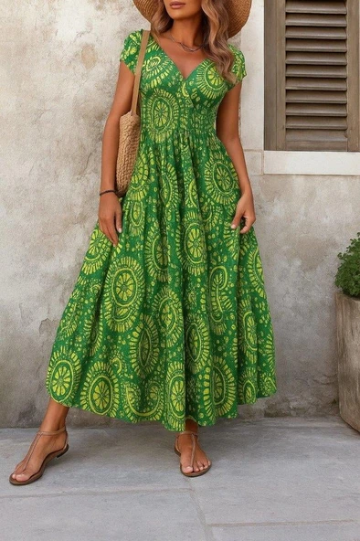 Kadın Kısa Yarasa Kanat Kollu V Yakalı Beli Büzgülü Süprem Elbise - Resim 2