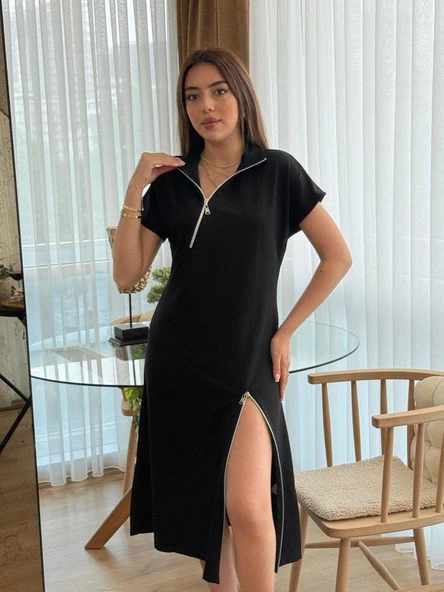 Kadın Kısa Kollu Yakadan Ve Etekten Fermuarlı Midi Viskon Iki Iplik Elbise ürün görseli