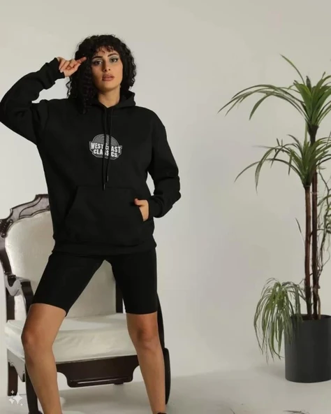 Unisex Sırt Baskılı Kapüşonlu Üç İplik Oversize Sweatshirt - Siyah - 3