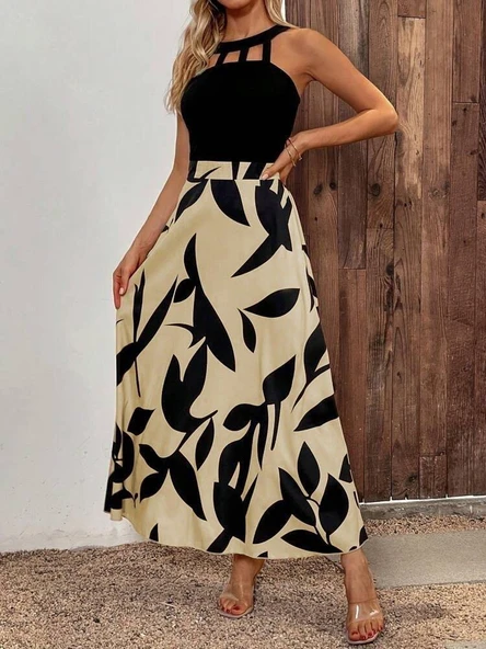 Kadın Sıfır Kollu Yakadan şeritli Omuzlardan Açık Janjan Krep Desenli Al Dalgıç Maxi Elbise - Resim 2