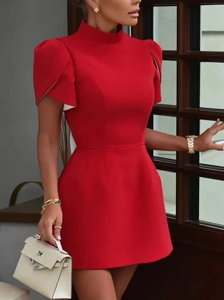 Kadın Kısa Kollu Balıkçı Yaka Arkadan Kelebek Dekolte Detaylı Kısa Atlas Elbise - Resim 7