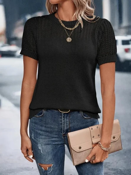 Kadın Kısa Kollu Yaka Detay Triko Bluz - Resim 4