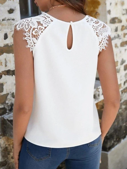 Kadın Kısa Kollu Bisiklet Yaka Ithal Krep Bluz - Resim 4