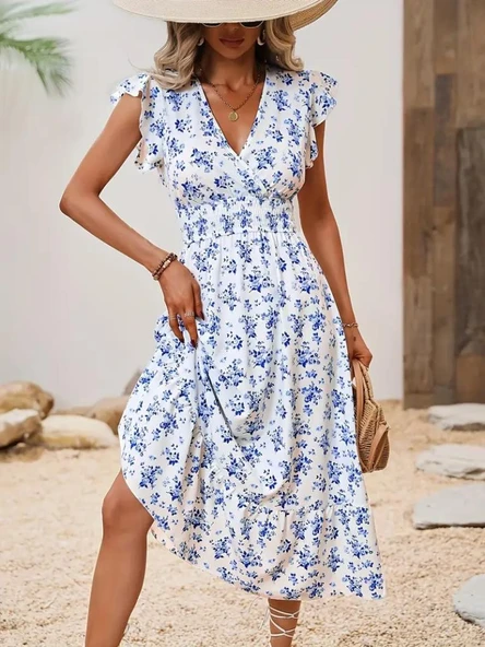 Kadın Kısa Kollu Kruvaze Yakalı Beli Lastikli çiçek Desenli Elbise - Resim 2