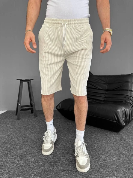 Su Yolu Çizgili Cepli Şort- Bej - Resim 2