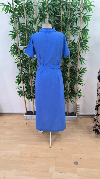 Kadın Kısa Kollu Yakalı önden Düğmeli Beli Kuşaklı Ithal Keten Elbise - Resim 6