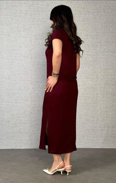 Kadın Kısa Kollu Yakalı Yandan Yırtmaçlı Viskon Iki Iplik Elbise - Resim 4