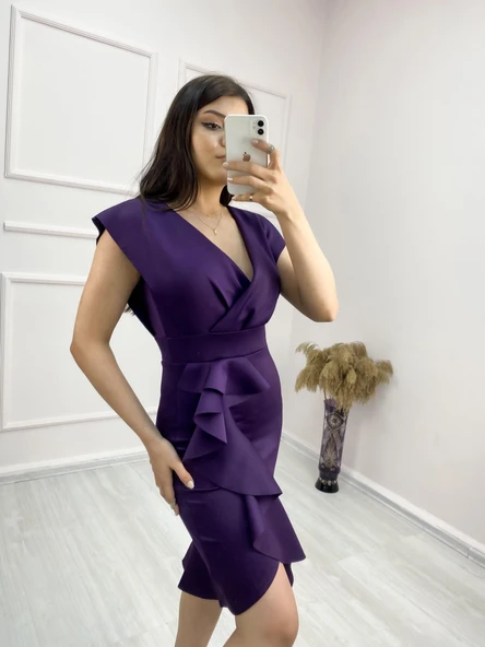 Scuba Kumaş Önü Fırfırlı Midi Boy Elbise - Resim 9