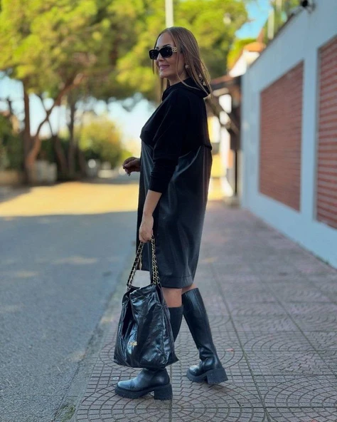 Kadın Uzun Kollu Kapüşon Ve Deri Detay Diz üstü Elbise - Resim 2