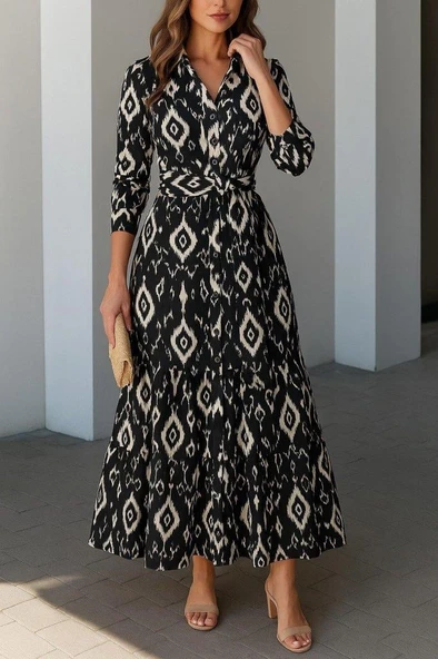 Kadın Uzun Kollu Eteği Fırfırlı Beli Kuşaklı Trikoton Tam Boy Gömlek Elbise ürün görseli